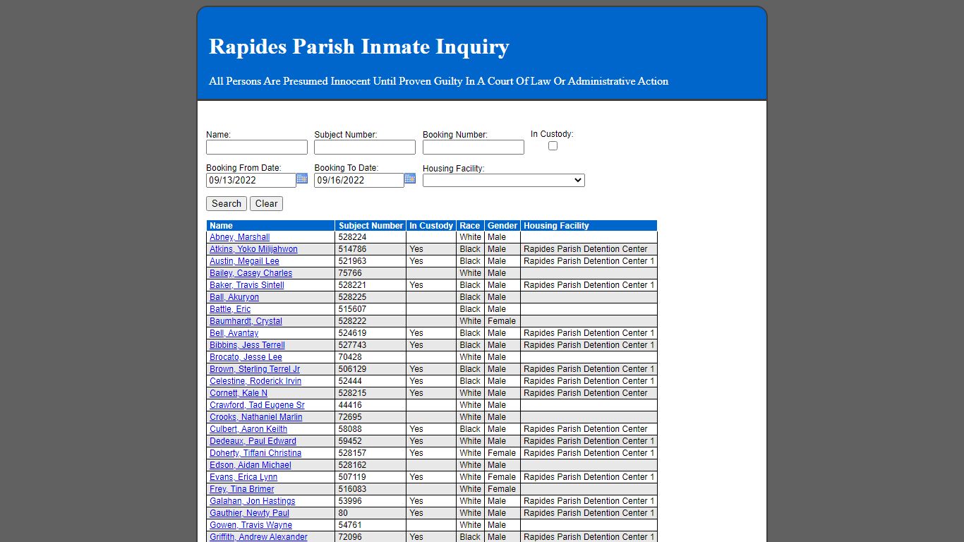 Rapides Parish Inmate Inquiry - 12.189.45.22